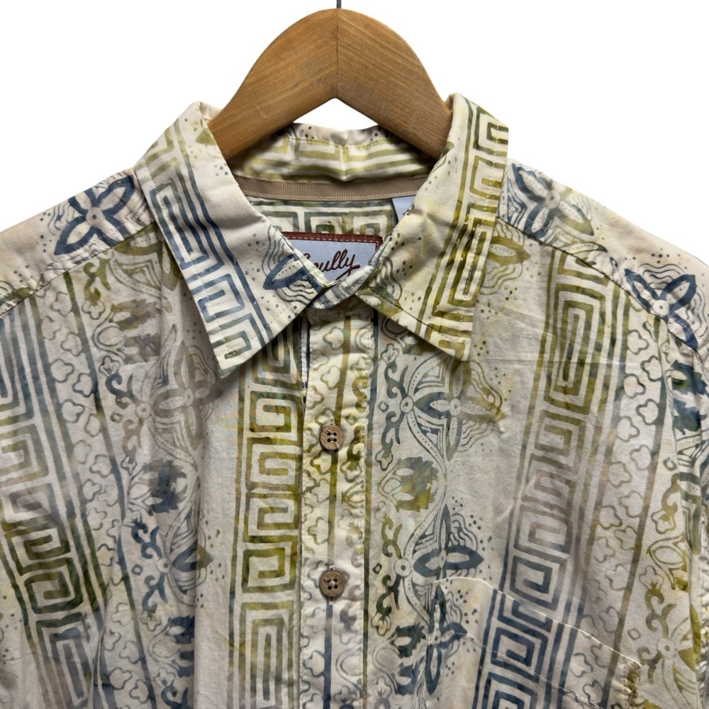 Scully Men's Large Beige Geometric Floral Hawaiian Button Front Cotton Shirt euc